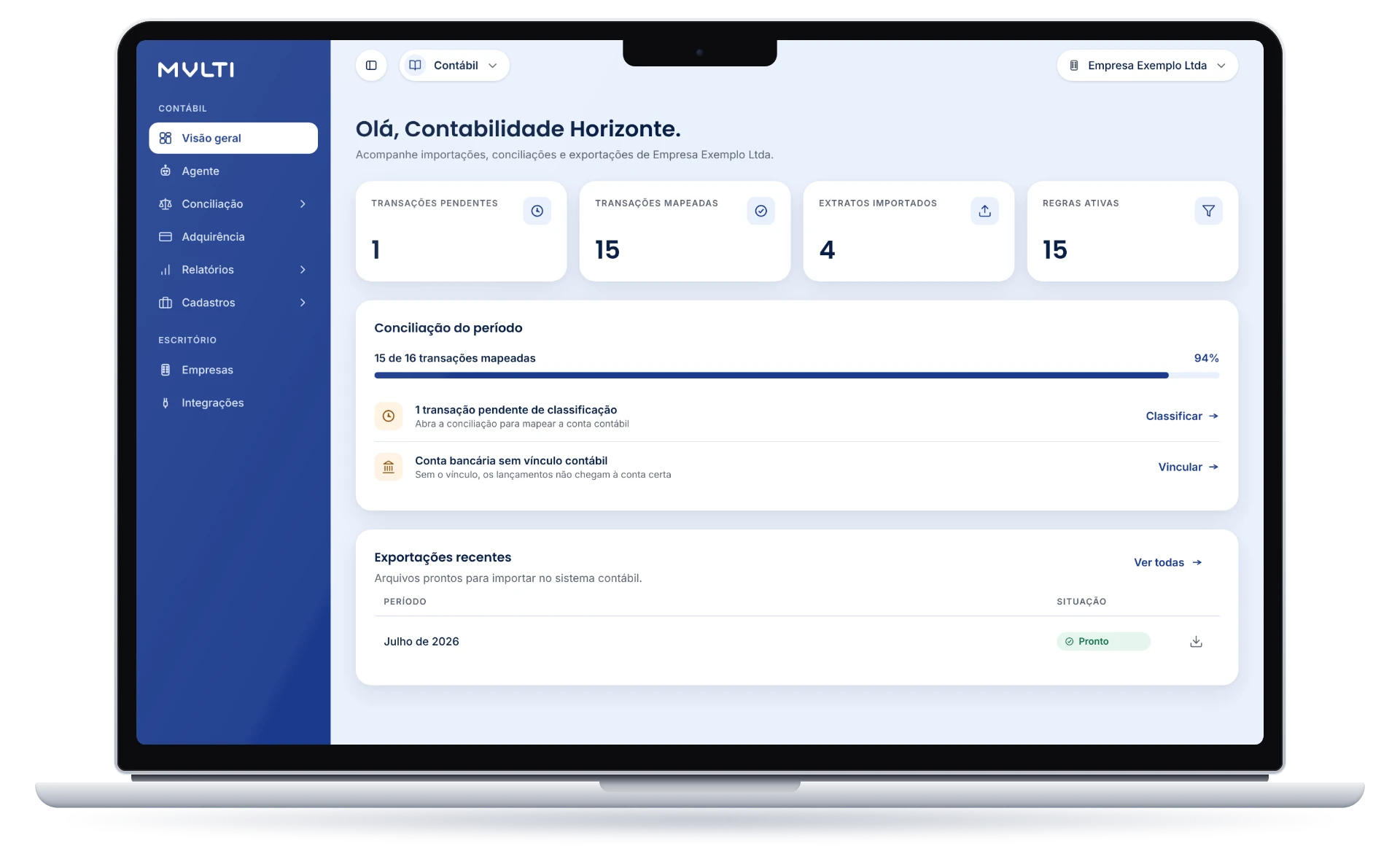 Tela do Agente Contábil, visão geral em um notebook